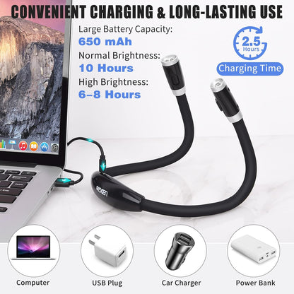 LEDGLE Neck Book Light for Reading Rechargeable,Long Arm,6 Brightness-Black