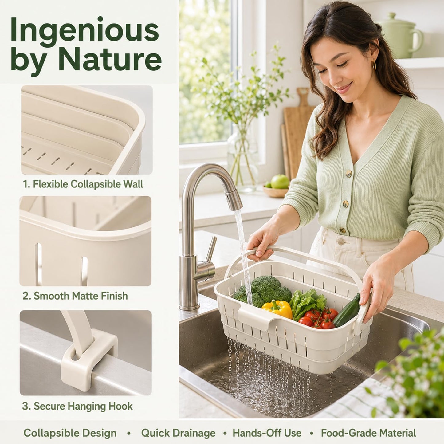 Foldable Hanging Sink Drain Basket, 2026 Upgraded Foldable Kitchen Sink Strainer, Hanging Foldable Fruit and Vegetable Filter Basket, Suitable for Kitchen Sinks, Easy to Store, Space-Saving (green)