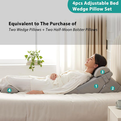 Bedluxe Wedge Pillow Headboard, 3PCS Orthopedic Bed Wedge Pillows Set for After Surgery, Adjustable Pillow Wedge for Acid Reflux&Back Pain Relief, Sleeping, Back Pillow for Bed Sitting Up, White/Grey