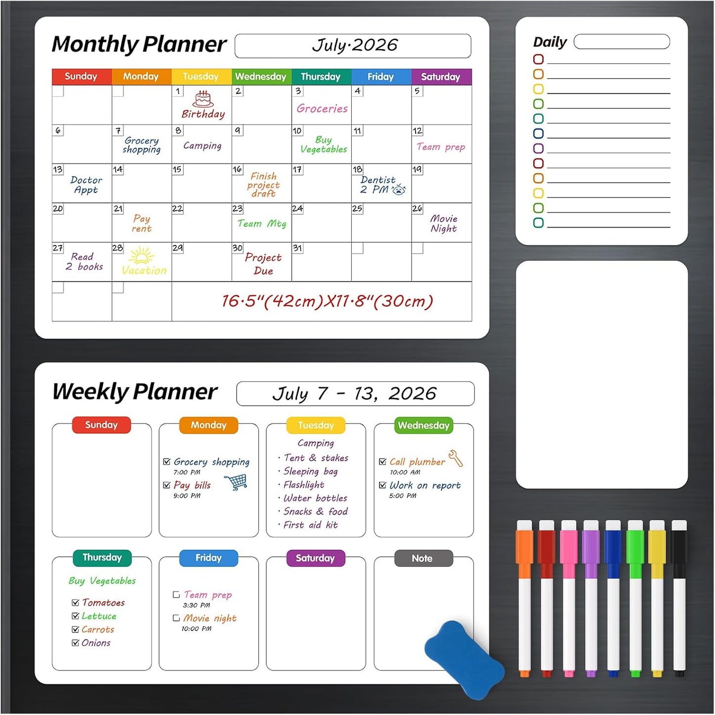 FINDMAG 4 Pack Fridge Calendar, Magnetic Calendar for Dry Erase, Black | Magnetic Dry Erase Board, Monthly Calendar for Fridge with 8 Markers & Eraser