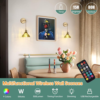Shenmoyl Battery Operated Wall Sconce Wall Lamp with Green Lily of the Valley Shade Pattern Glass Adjustable Chain Retro Gold Wall Mounted Light, Modern Wall Lamp Fixtures Decor for Bedside Bedroom