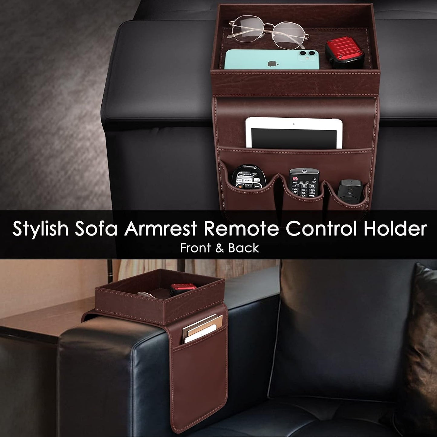 SITHON Sofa Remote Control Holder with Detachable Tray [Non Slip] | PU Leather Chair Couch Armrest Organizer Caddy with 5 Pockets for Magazines Phone iPad Remote Game Controller Eyeglasses