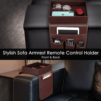 SITHON Sofa Remote Control Holder with Detachable Tray [Non Slip] | PU Leather Chair Couch Armrest Organizer Caddy with 5 Pockets for Magazines Phone iPad Remote Game Controller Eyeglasses