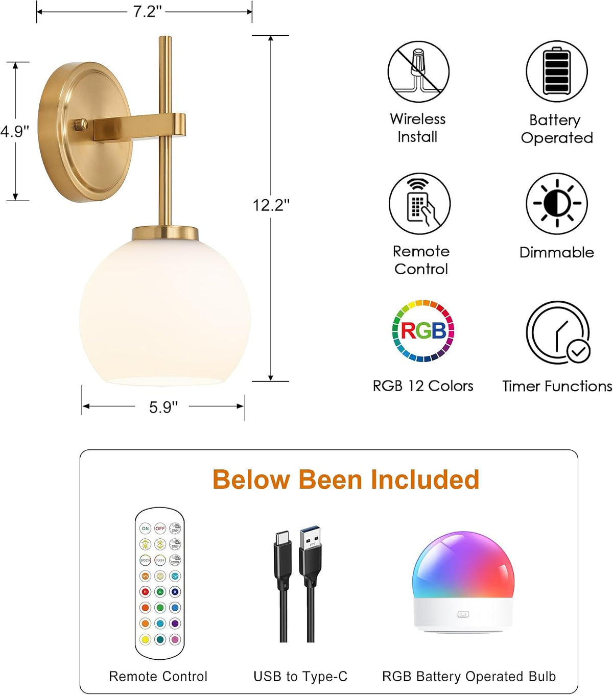 Wireless Wall Sconces with Remote Control, Battery Operated Wall Sconce Set of 2, Black & Gold Rechargeable Dimmable Wall Light for Bedroom Living room Bathroom Hallway Entryway Stairwell, 3000K