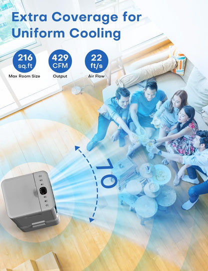 Portable Air Conditioners 4 Modes&3 Speeds,4 Ice Packs, Waterless Alert System, 12H Timer, Remote,1 Gal Detachable Water Tank, 70°Oscillation Windowless Evaporative Air Cooler for Room Office