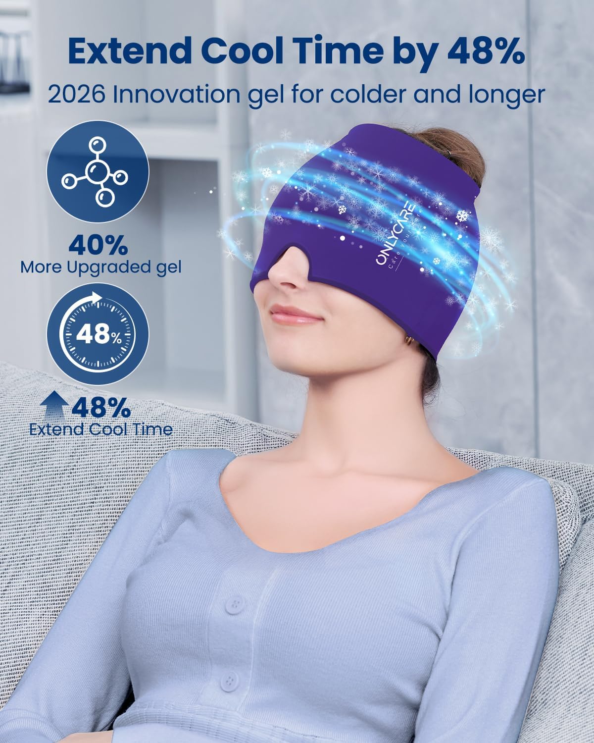 ONLYCARE Migraine Relief Cap, Headache Relief Cold Cap with Odorless Gel | Cooling Hat Head Wrap Soothing Face Ice Pack Mask Products for Tension Stress Hangover & Puffy Eyes, Relaxing Gifts for Women