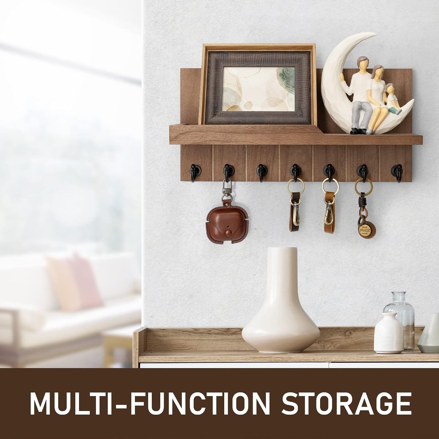 Rebee Vision Key Holder Wall Mount with 5 Key Hooks for Home Decor, Brown | 3.54'' x 10'' x 7.28'', Small Shelf for Display Plant, Key Hangers for Hat, Entryway Space-Saving Storage