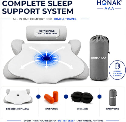 2 in 1 Pillow, Ergonomic Contour Neck Pain Relief Cervical Butterfly, Arm Rest, Detachable Neck Support Roll Traction Pillow, Cooling Gell Memory Foam, Side Back Stomach Sleepers