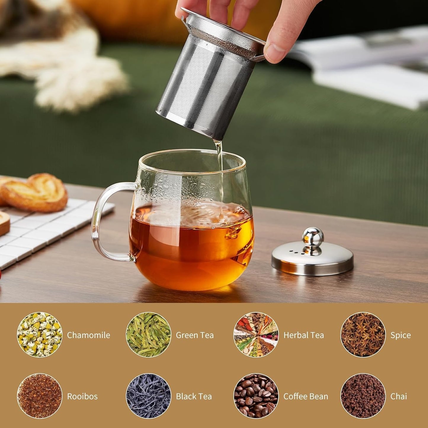 DOPUDO Glass Tea Cup with Infuser and Lid, 34oz/1000ml Large Borosilicate Teacup, Clear Mug for Loose Leaf Blooming Tea, Dishwasher Safe - Tea Maker Gift for Birthday