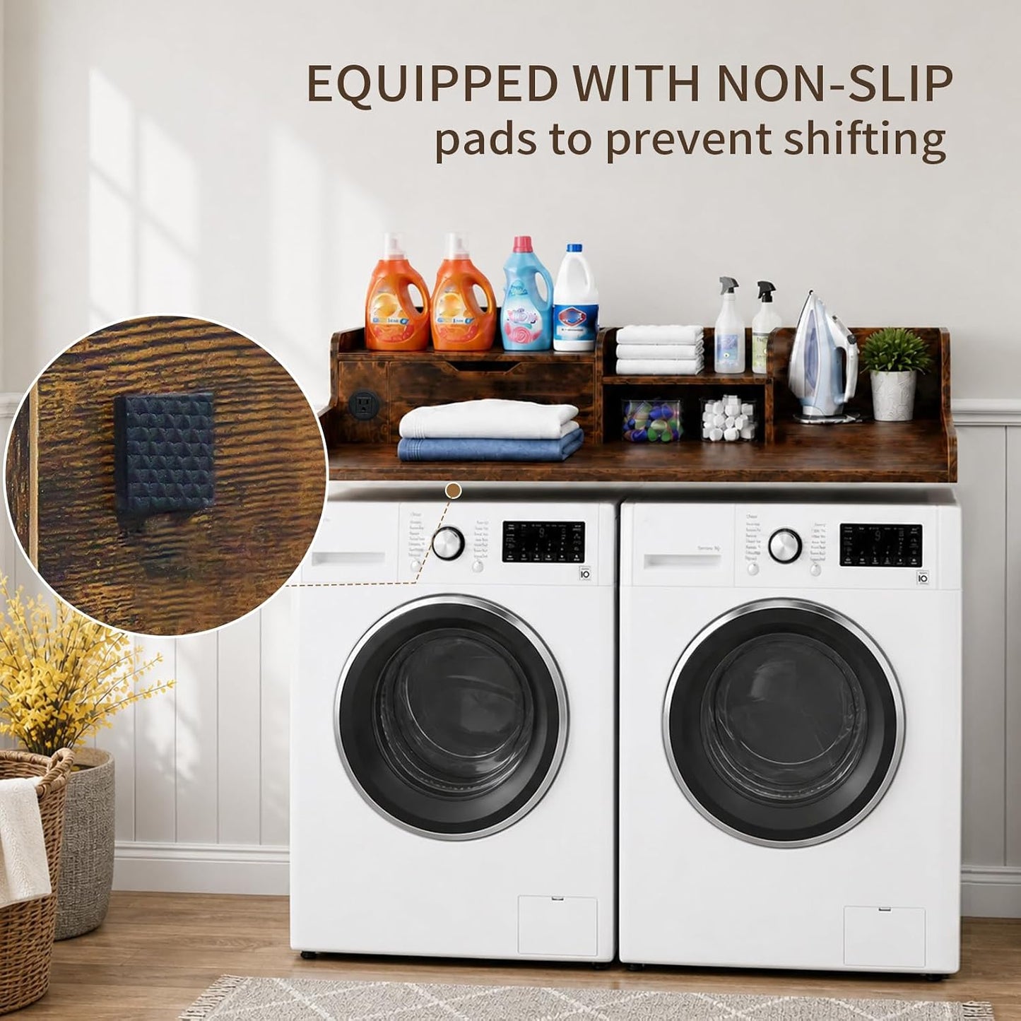 Washer and Dryer Countertop with Power Outlet & Storage Drawer, 54 Inch Laundry Tabletop Over Washing Machine, Clothes Folding & Ironing Station, Laundry Room Organizer with Non-Slip Pads