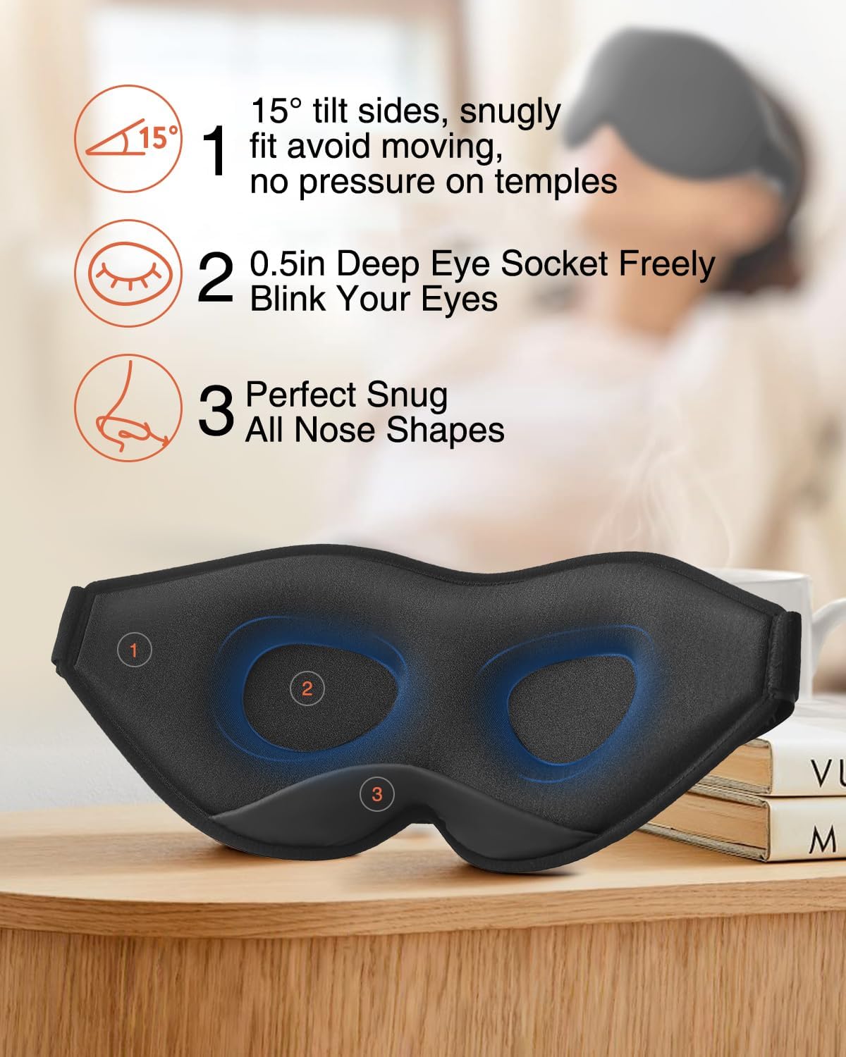 MABAO Sleep Mask for Side Sleeper, Eye Mask for Sleeping Women Men, Black | 3D Contoured Cup No Eye Pressure, 100% Light Blocking Sleeping Mask with Adjustable Strap Night Blindfold Flight, Travel, Nap