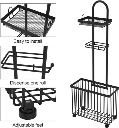 Freestanding Toilet Paper Holder Toilet Tissue Rack Scroll Stand Roll Dispenser with Storage Shelf Reserve for Phone Tablet Magazine Bathroom Organizer Bath Tissue Organizer (Silver)