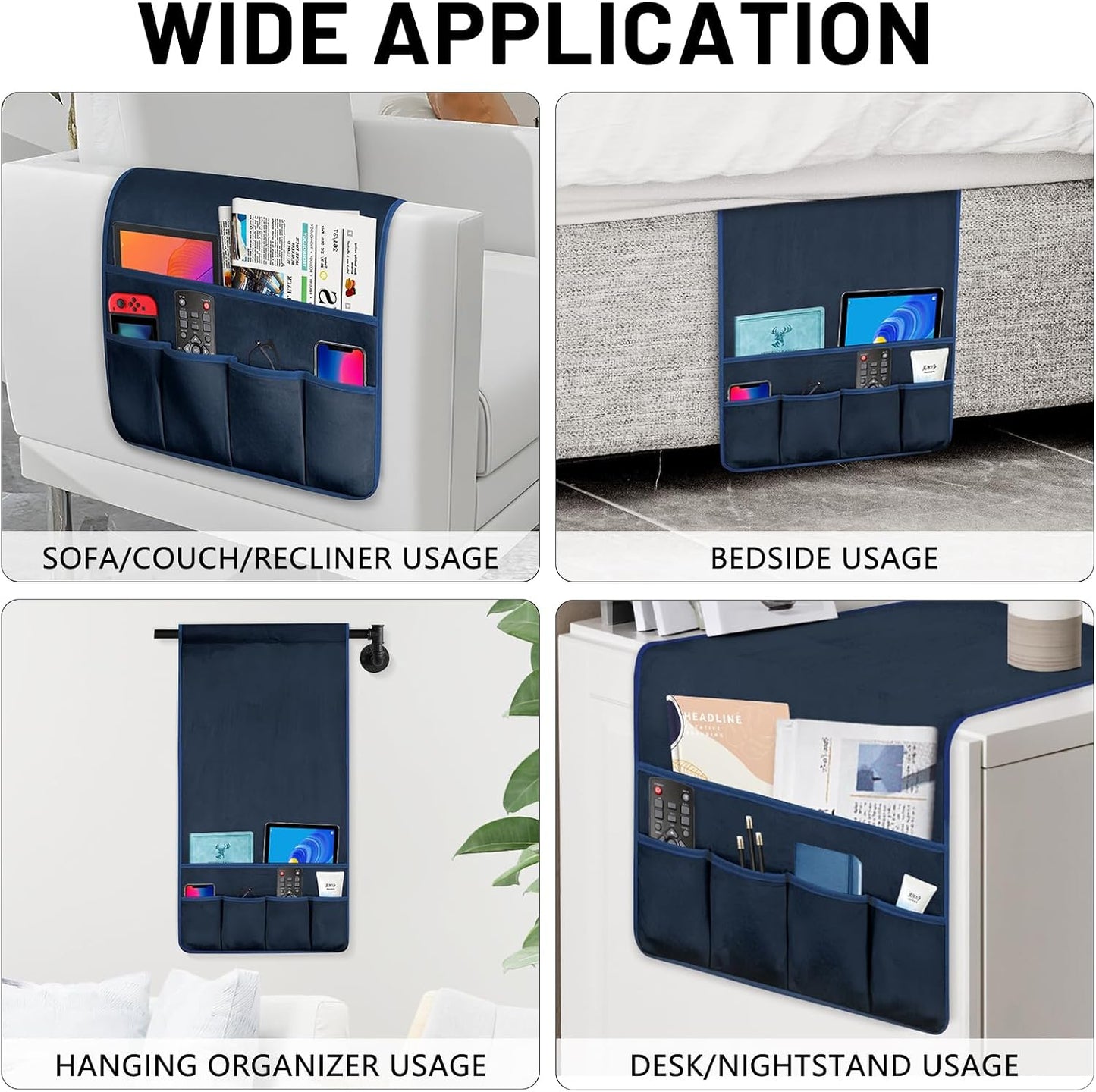 Remote Control Holder for Armchair Caddy, Remote Holder with 5 Pockets | Couch TV Remote Holder with Non-Slip Base, Bedside Caddy Organizer for Key Glasses Phone Magazine (Blue, 35"x12.4")