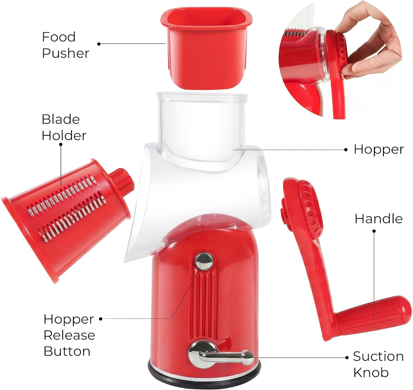 Rotary Cheese Grater Manual Hand Crank with 5 Blades & Suction Base, Kitchen Vegetable Shredder Slicer for Veggie, Nuts, Fruit, Cream