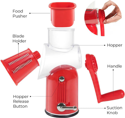 Rotary Cheese Grater Manual Hand Crank with 5 Blades & Suction Base, Kitchen Vegetable Shredder Slicer for Veggie, Nuts, Fruit, Cream