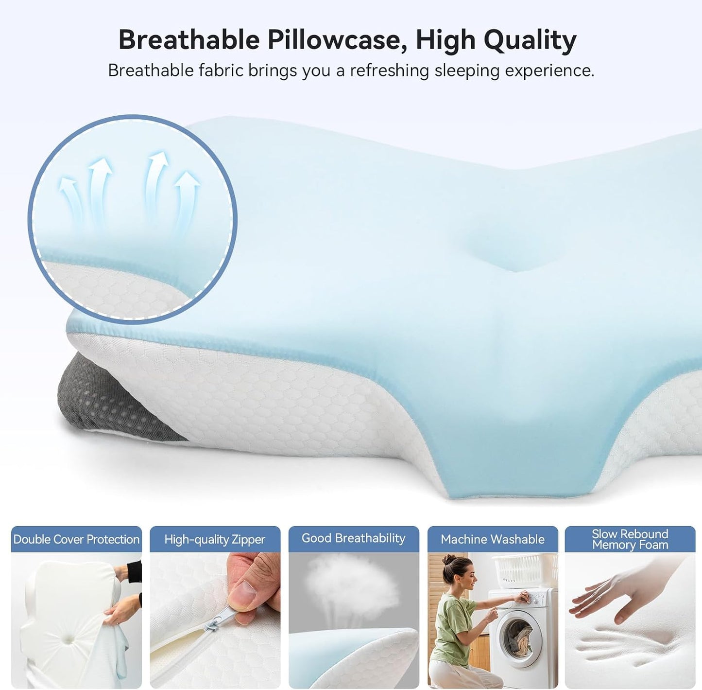 Memory Foam Cervical Neck Pillow, Ergonomic Contour Bed Pillow | Odorless Orthopedic Pillow for Neck & Shoulder Pain Relief & Support with Dual Heights, for Side/Back/Stomach Sleepers, Grey
