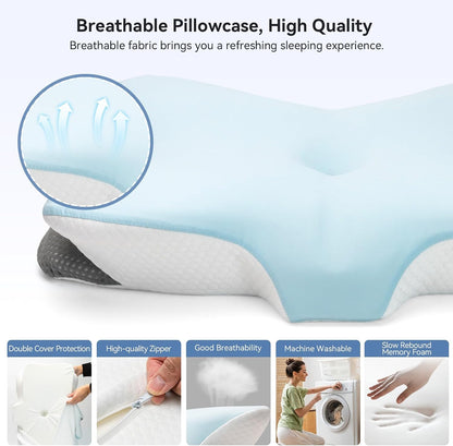 Memory Foam Cervical Neck Pillow, Ergonomic Contour Bed Pillow | Odorless Orthopedic Pillow for Neck & Shoulder Pain Relief & Support with Dual Heights, for Side/Back/Stomach Sleepers, Grey