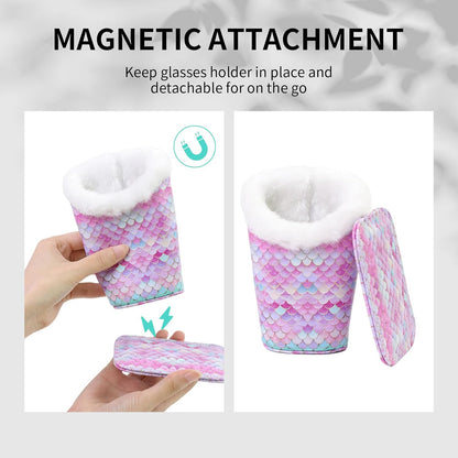 Plush Lined Eyeglasses Holder, Cute Magnetic PU Leather Glasses Stand Case for Women Men Kids
