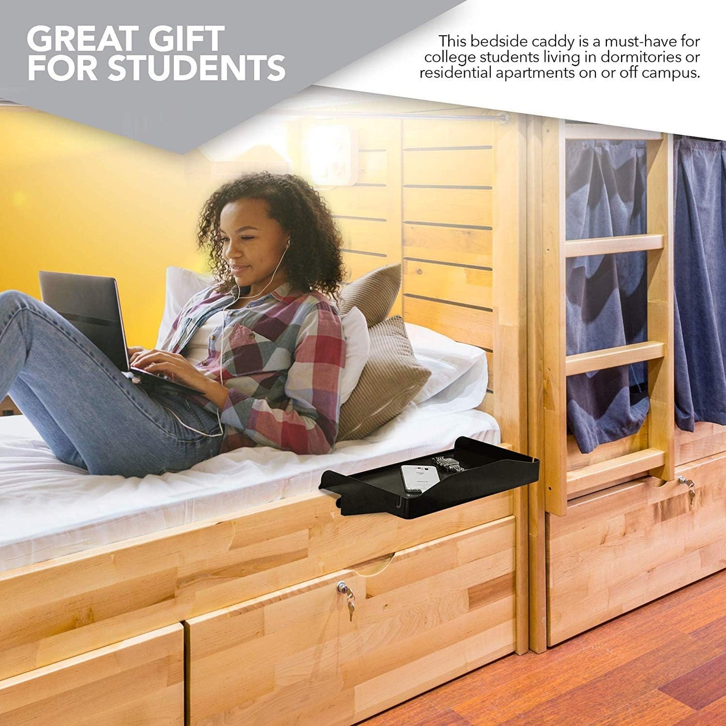 Modern Innovations Bedside Shelf for Bed, College Dorm Room, Bunk Bed Shelf/Caddy for Top Bunk, Clip On Nightstand Tray with Cord and Cup Holder for Table Storage (Black)