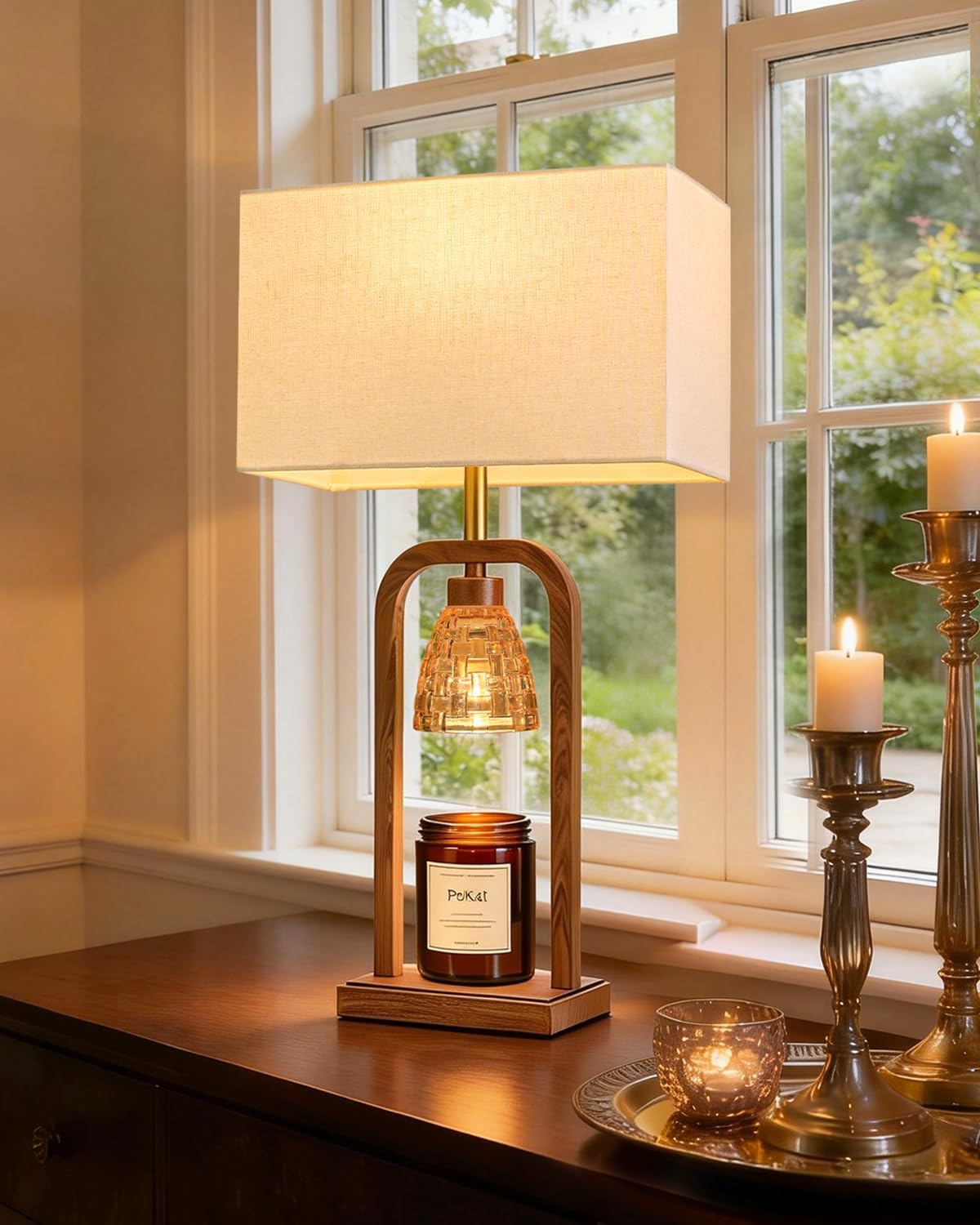 PoKat Gold Table Lamp Candle Warmer, Candle Warmer Lamp with Timer Dimmer, Wax Light Warming Table Lamp for Jar Candles, Modern Bedside Lamp for House Warming Home Decor Living Room, Bulb Included