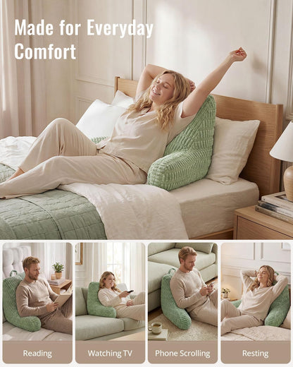 Blissful Diary Reading Pillow, Backrest Pillow with Shredded Memory Foam for Adult & Children, Designed for Bed and Couch Sitting Up, Includes Arms, Pockets and Washable Cover, Off White