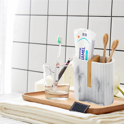 Toothbrush Holders for Bathroom, Bamboo Electric Toothbrush Stand, White | Toothbrush and Toothpaste Organizer for Sink Countertop, Bathroom Storage Stand for Brushing Accessories