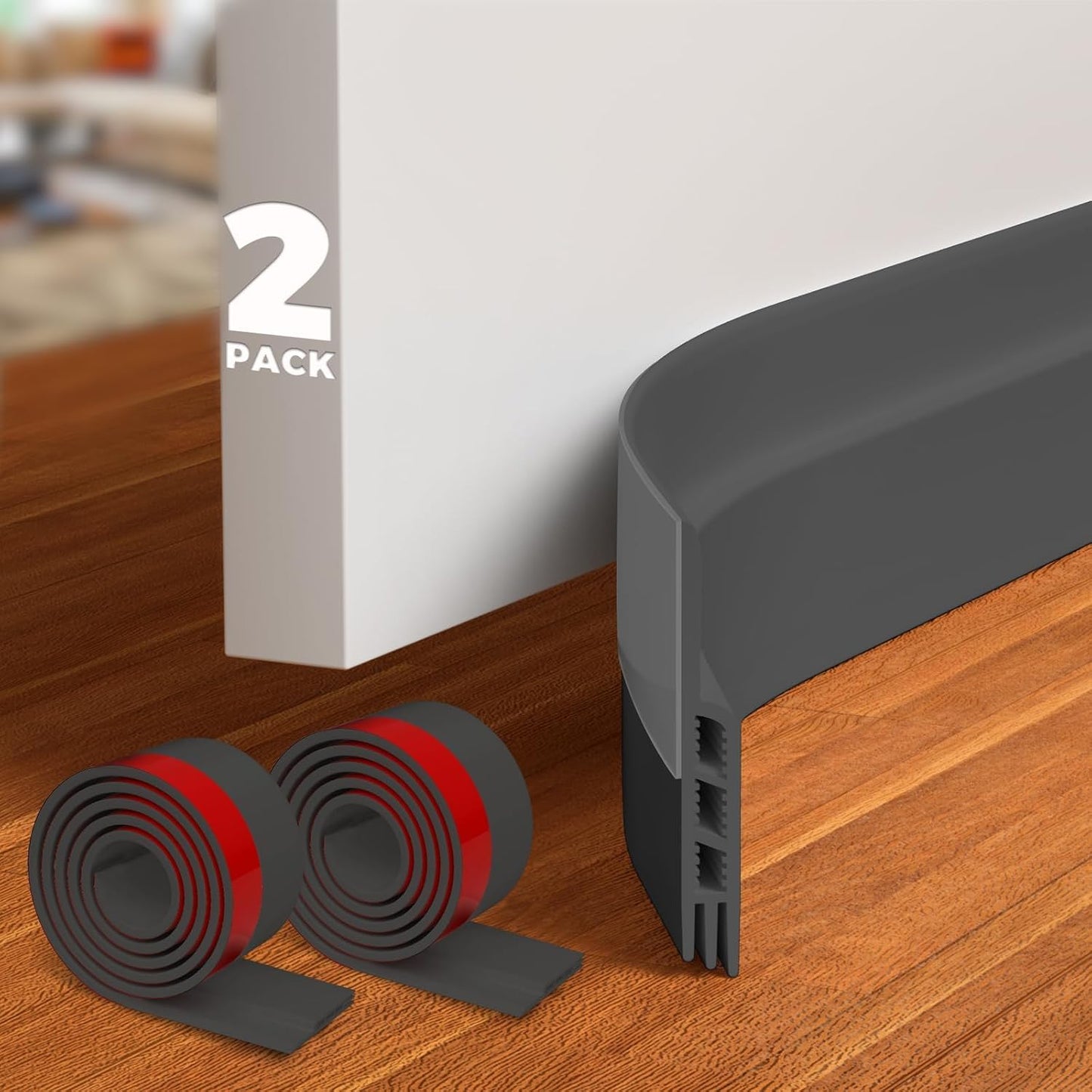 Holikme Door Draft Stopper 2-Pack, Under Door Seal for Bottom Gap Filler | Strong Adhesive Silicone Weather Stripping Garage Window Blocker Cold Air & Noise, Easy Install Door Sweep Strip Save Energy