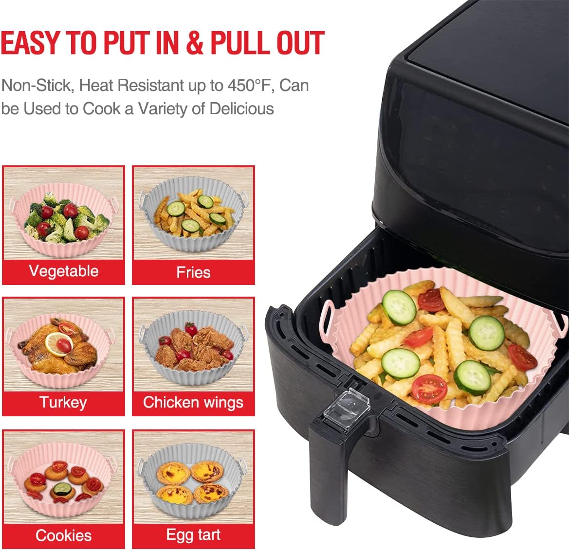 2 Pack Air Fryer Silicone Liners Pot for 3 to 5 QT, Basket Bowl, Replacement of Flammable Parchment Paper, Reusable Baking Tray Oven Accessories, Red+Blue, (Top 8in, Bottom 6.75in)