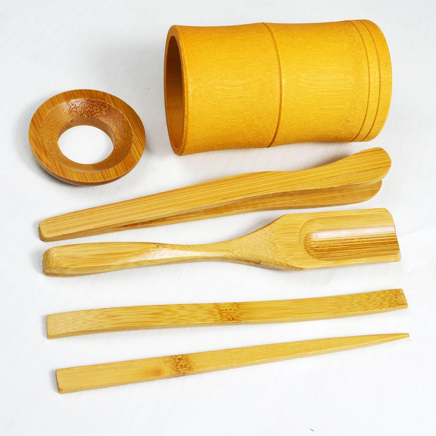Chadao Tea Ceremony Set, 6-Piece GongFu Tea Bamboo Tools Spoon, Tin Needle Funnel (Square canister)