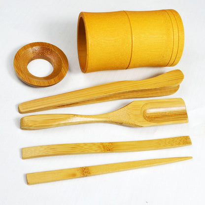 Chadao Tea Ceremony Set, 6-Piece GongFu Tea Bamboo Tools Spoon, Tin Needle Funnel (Square canister)
