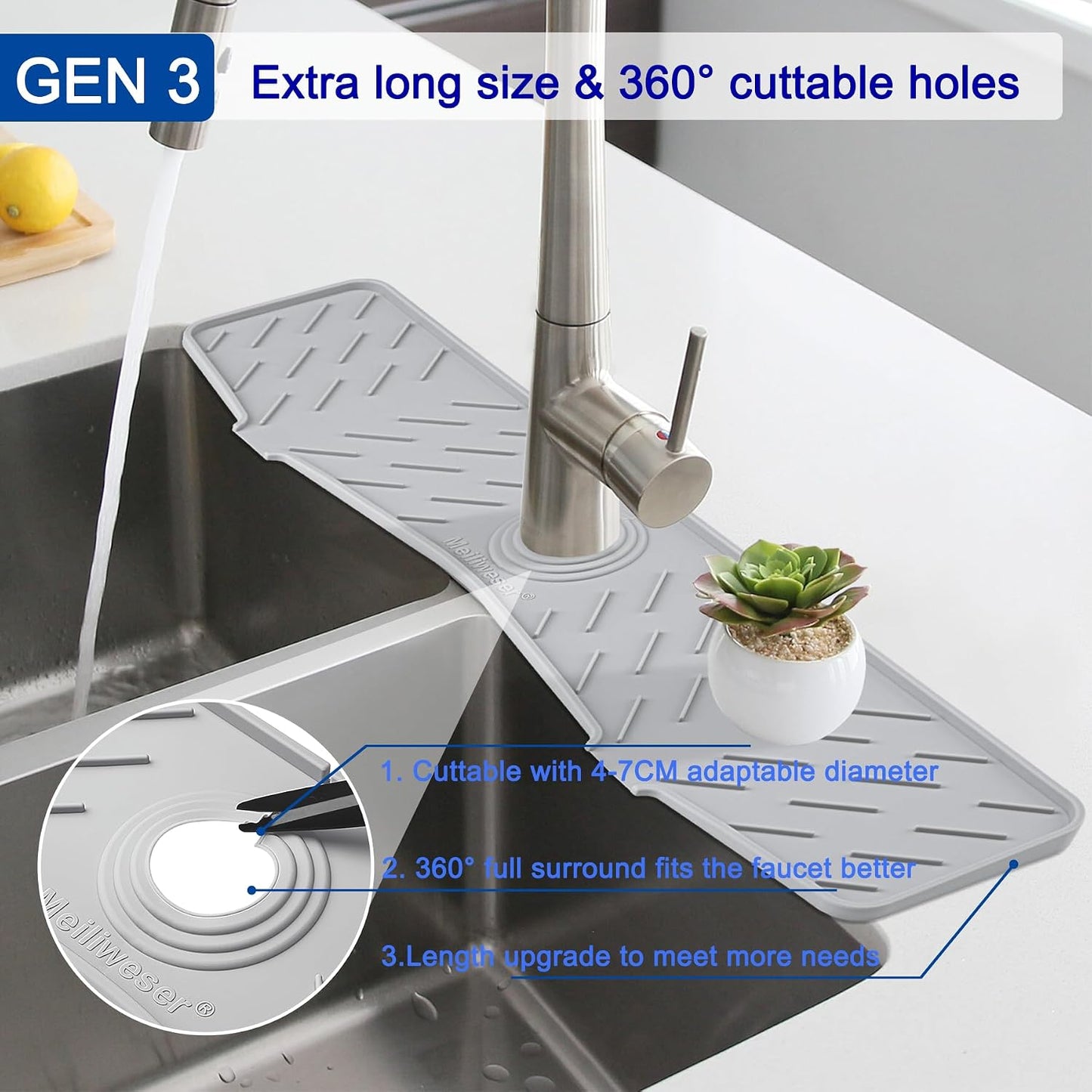 Silicone Faucet Mat for Kitchen Sink – Gen 2 Splash Guard with Upgraded Outlet & Slope – 18” x 5.1” Water Catcher & Sink Sponge Holder for Kitchen and Bathroom (Black)