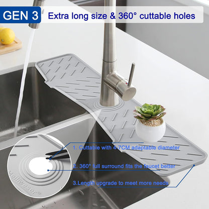 Silicone Faucet Mat for Kitchen Sink – Gen 2 Splash Guard with Upgraded Outlet & Slope – 18” x 5.1” Water Catcher & Sink Sponge Holder for Kitchen and Bathroom (Black)