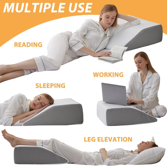 Bedluxe Leg Pillow Elevation Blood Circulation, Wedge Pillow for Legs Swelling, Leg Elevating Wedge Pillow for After Surgery, Foot Knee Pillow for Leg Rest, Sleeping, Memory Foam Top, 8in, White/Grey