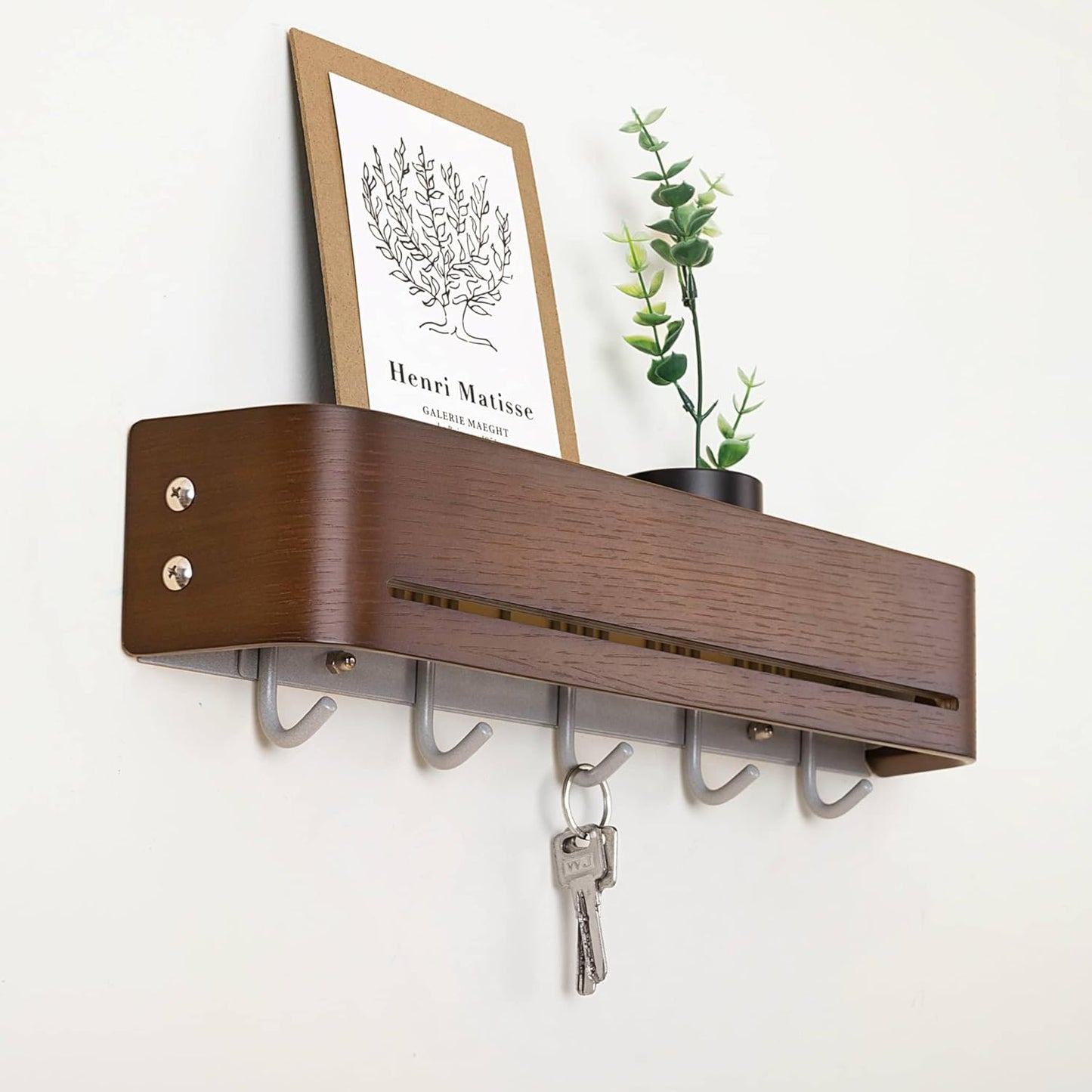 Key Holder Wall Mount with Shelf | 17 inch | Oak | 5 Retractable Hooks | Minimalist | Space-Saving | Modern Wall Coat Hooks | Wooden Key Rack for Entryway & Hallway