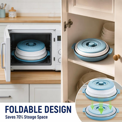 Collapsible silicone splash guard with tray -Microwave Place Mat & Food Cover can be used as a draining basket for washing vegetables and fruits. Vented Collapsible lid & Silicone Kitchen mat（Blue）