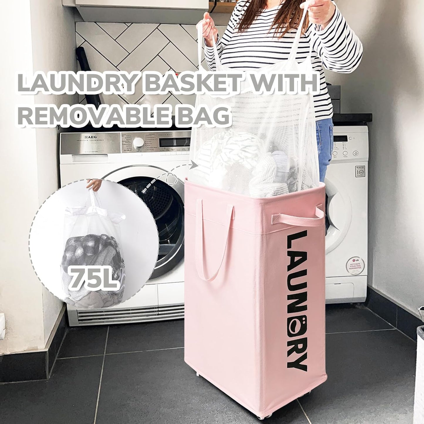 CHICVITA 75L Large Rolling Laundry Basket with Wheels & Wash Bag, Grey | Collapsible design saves space for corner dorms. Removable wash bag for easy laundry transport
