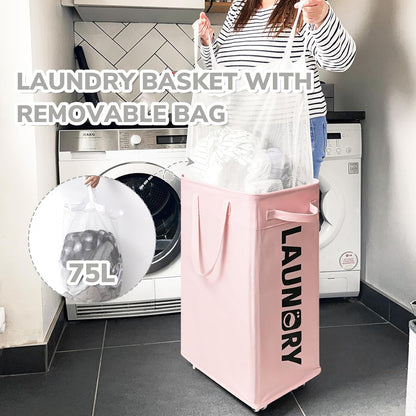 CHICVITA 75L Large Rolling Laundry Basket with Wheels & Wash Bag, Grey | Collapsible design saves space for corner dorms. Removable wash bag for easy laundry transport
