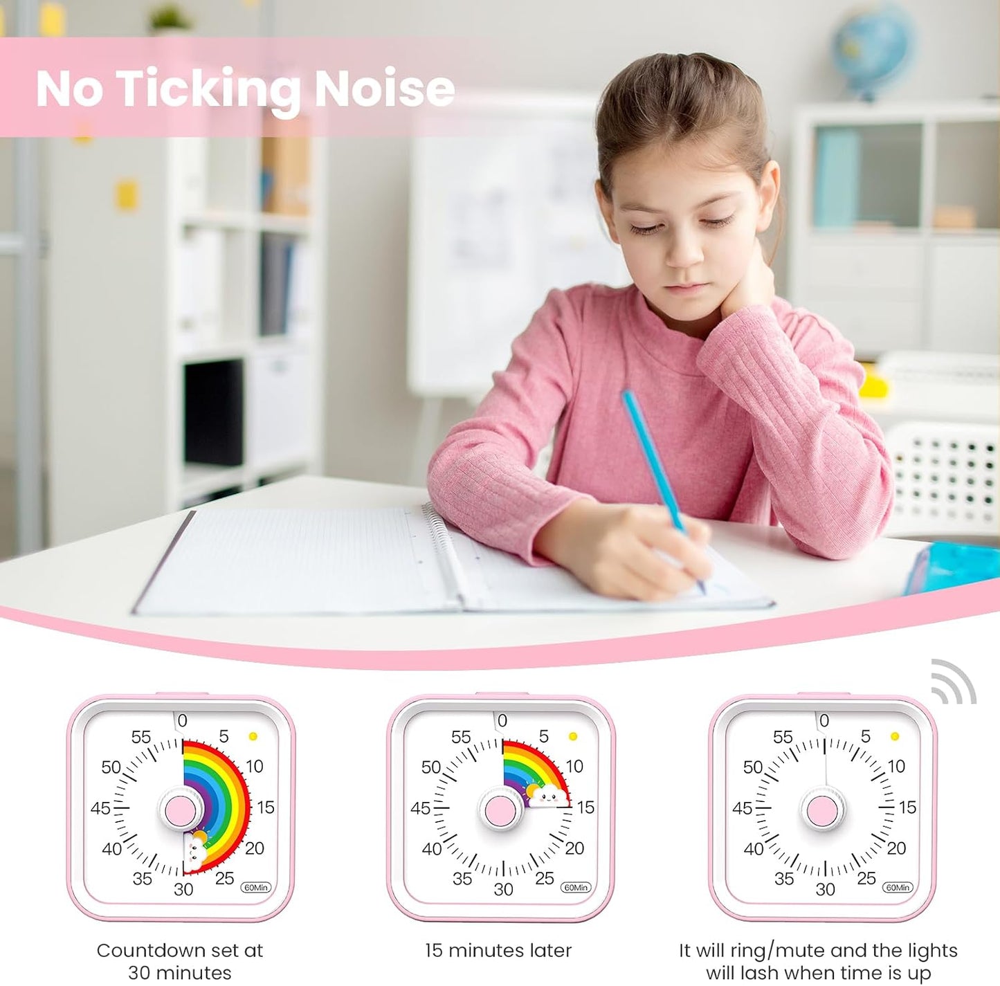 Visual Timer for Kids, Countdown Timer with Pause Function, White | Timer for Kitchen Cooking, Classroom, Study, Toddler, ADHD, Cute Timer Clock, Alarm 3 Volume Levels, Light Indicator