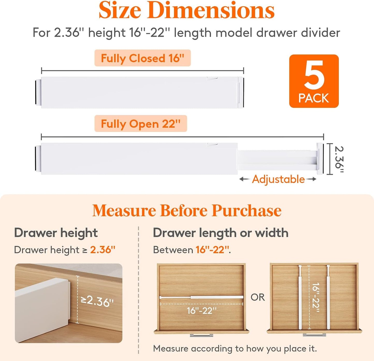 Lifewit 5 Pack Upgrade Drawer Dividers for Clothes, 4" High 11"-17" Adjustable Dresser Drawer Organizers, Expandable White Plastic Drawer Separators for Kitchen, Nursery, Office Organization & Storage | 5 Pack 11"-17" Expandable White Plastic Drawer