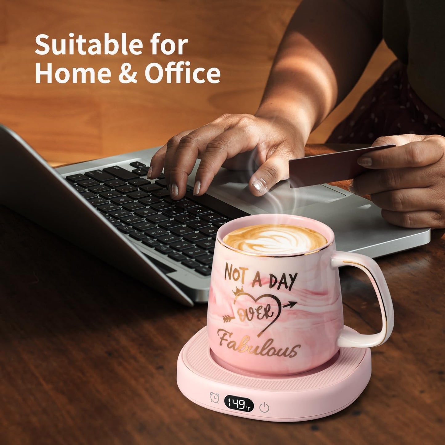 Coffee Mug Warmer & You are Awesome Mug Set, Electric Cup Warmer for Desk | Beverage Warmer Plate for Coffee, Tea, 4 Temperature Setting, 8-Hours Auto Shut Off, 14oz Mug with Spoon & Lid Included