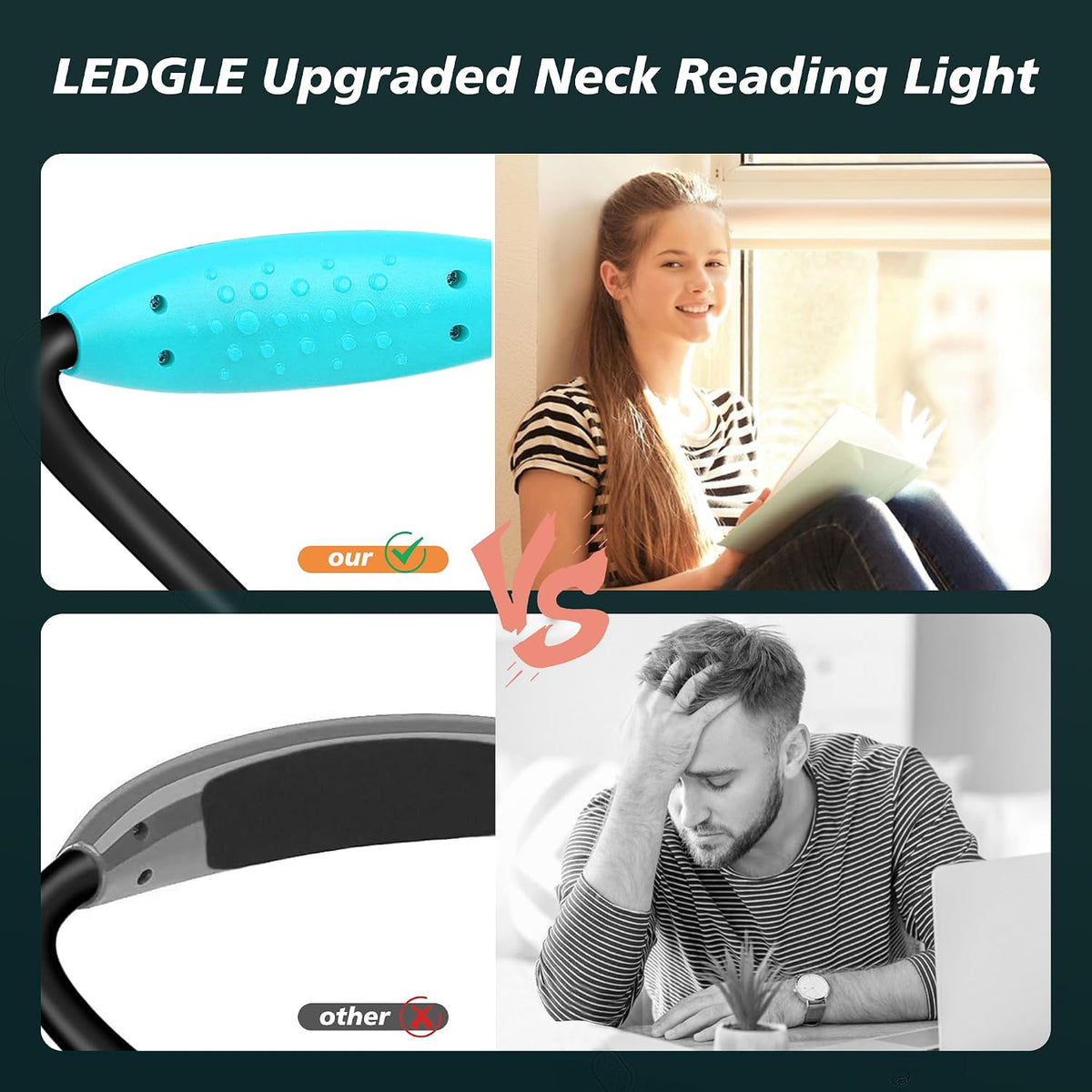LEDGLE Neck Book Light for Reading Rechargeable,Long Arm,6 Brightness-Black