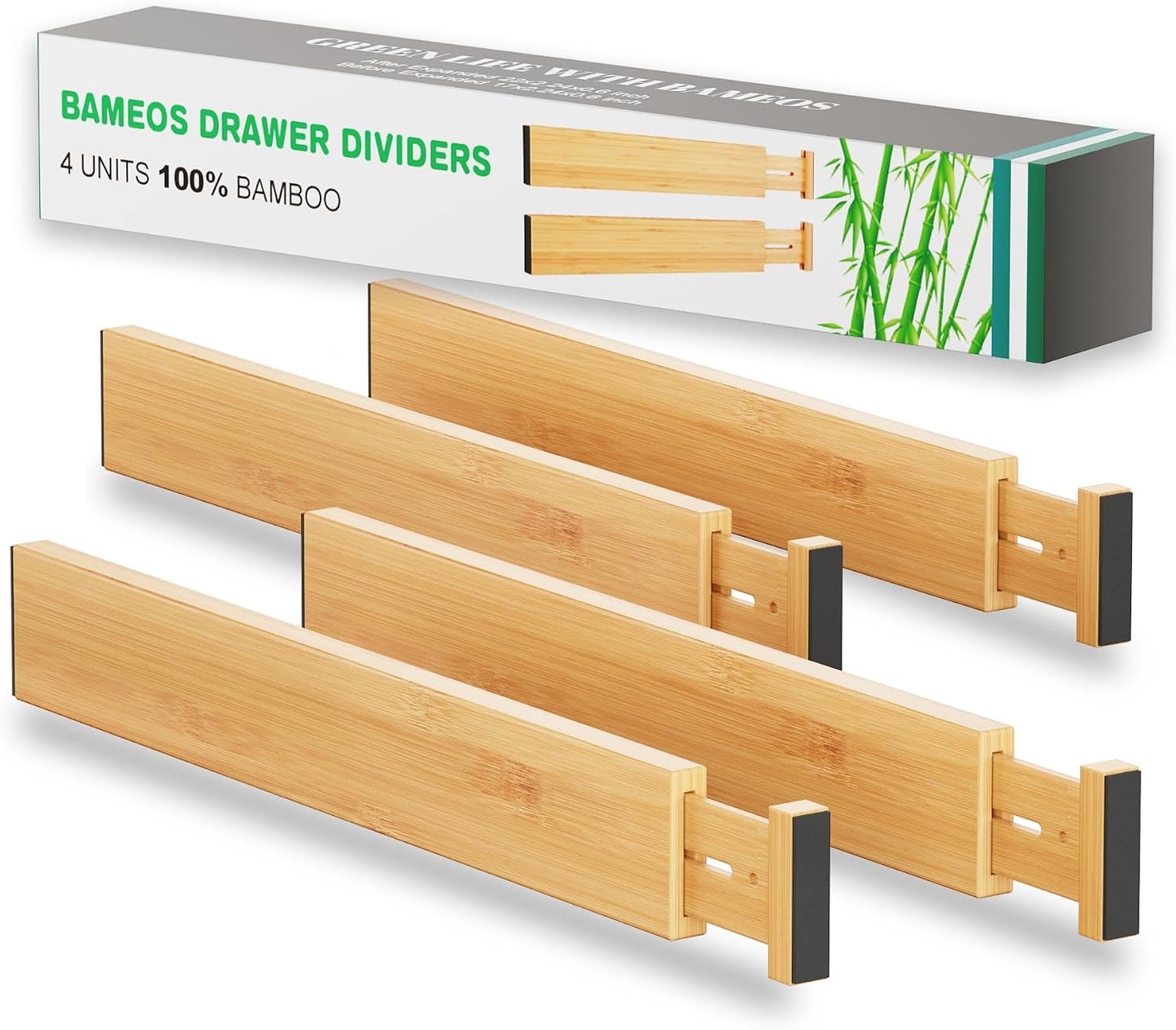 BAMEOS Bamboo Expandable Drawer Dividers – Fits 16.6"–22" Drawers, 2" High, Set of 4 | Spring-Loaded Bamboo Separator for Kitchen Island, Bathroom Vanity & Dresser Drawers