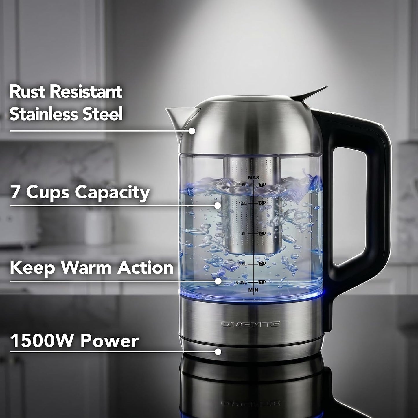 OVENTE 1.8L Glass Electric Kettle with Tea Infuser, Silver KGD752S | 1500W Fast Boiling, Easy Fill Lid, 7 Temperature Control, Keep Warm, Digital Display, Auto Shut-Off, Boil-Dry Protection