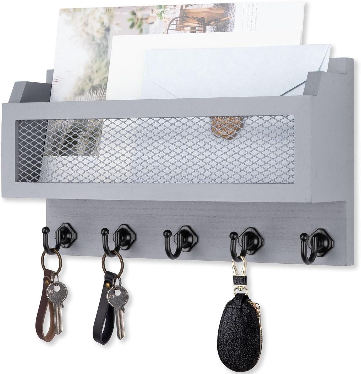 Nekon Mail and Key Holder for Wall Decorative, 11 Inch Mail Holder, Brown | Wooden Wall Key Organizer with 5 Key Hooks, Wall Mount Storage Shelf for Entryway Hallway