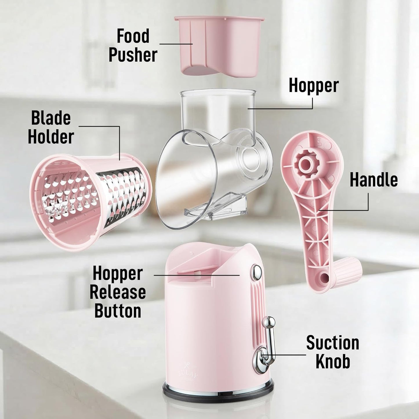 Zulay Kitchen Rotary Cheese Grater 5 Blade Cheese Shredder - Manual Hand Crank Cheese Grater With Reinforced Suction & 5 Interchangeable Drums - Easy to Use, Vegetable Chopper Round Mandoline Slicer - Colors A
