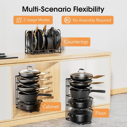 5-Tier Pot and Pan Organizer 13.6", No Assembly Cookware Rack 1-Pack | One-piece Design, Multi-height Layered,Anti-Tip Structure, Dual Vertical & Horizontal Use, Fits Cast Iron Pans & Dutch Ovens