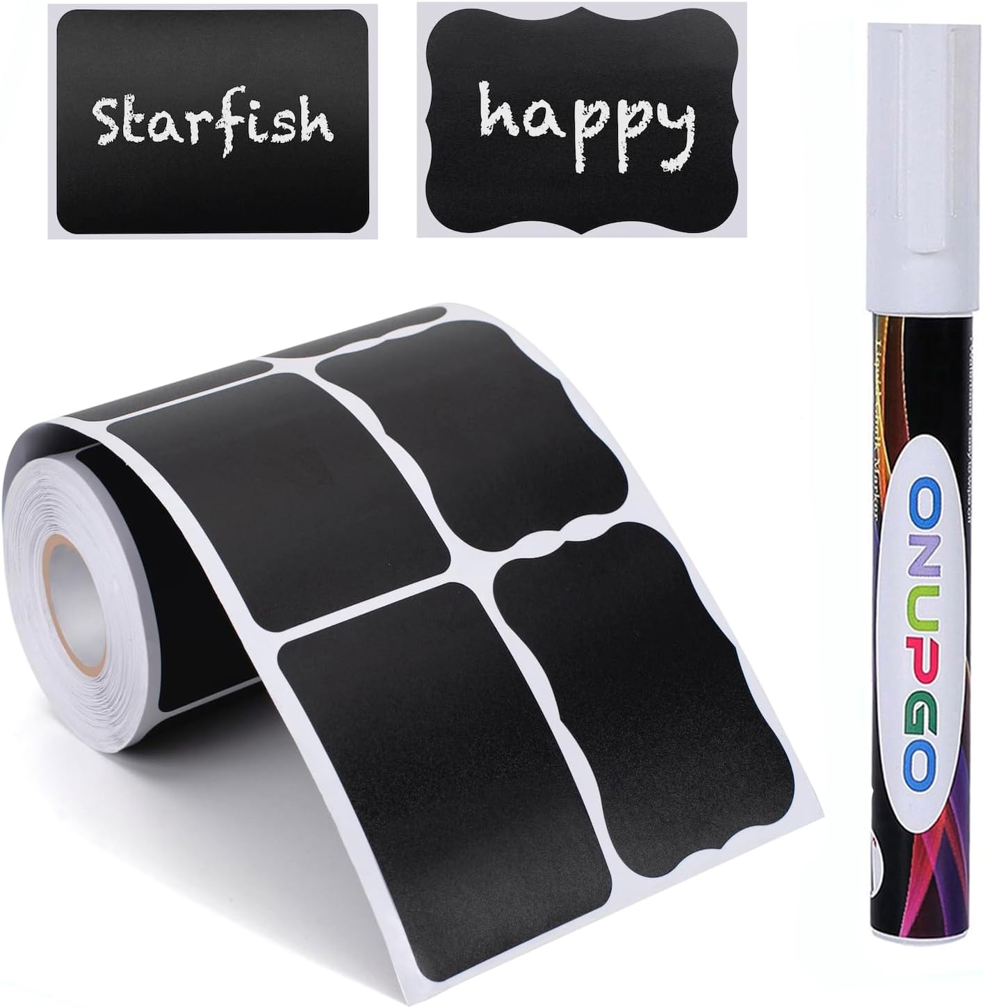 ONUPGO Chalkboard Labels Stickers Bulk - 196 Reusable Chalk Sticker Labels with Erasable Chalk Maker, Removable Waterproof Blackboard Labels for Containers, Glass, Mason Jar Labels | Removable, Waterproof, Reusable Chalk Labels, For Storage Bins & Food
