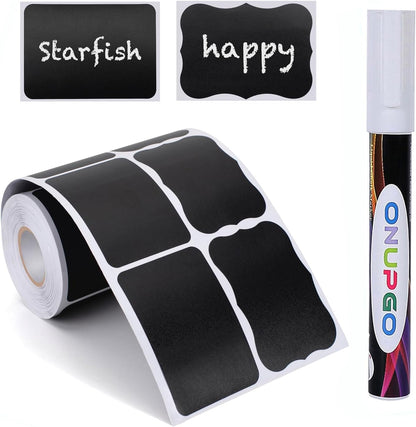 ONUPGO Chalkboard Labels Stickers Bulk - 196 Reusable Chalk Sticker Labels with Erasable Chalk Maker, Removable Waterproof Blackboard Labels for Containers, Glass, Mason Jar Labels | Removable, Waterproof, Reusable Chalk Labels, For Storage Bins & Food
