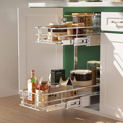 LOVMOR 2 Tier Individual Pull Out Cabinet Organizer 11" W x 18" D, Slide Out Kitchen Cabinet Storage Sliding Shelves