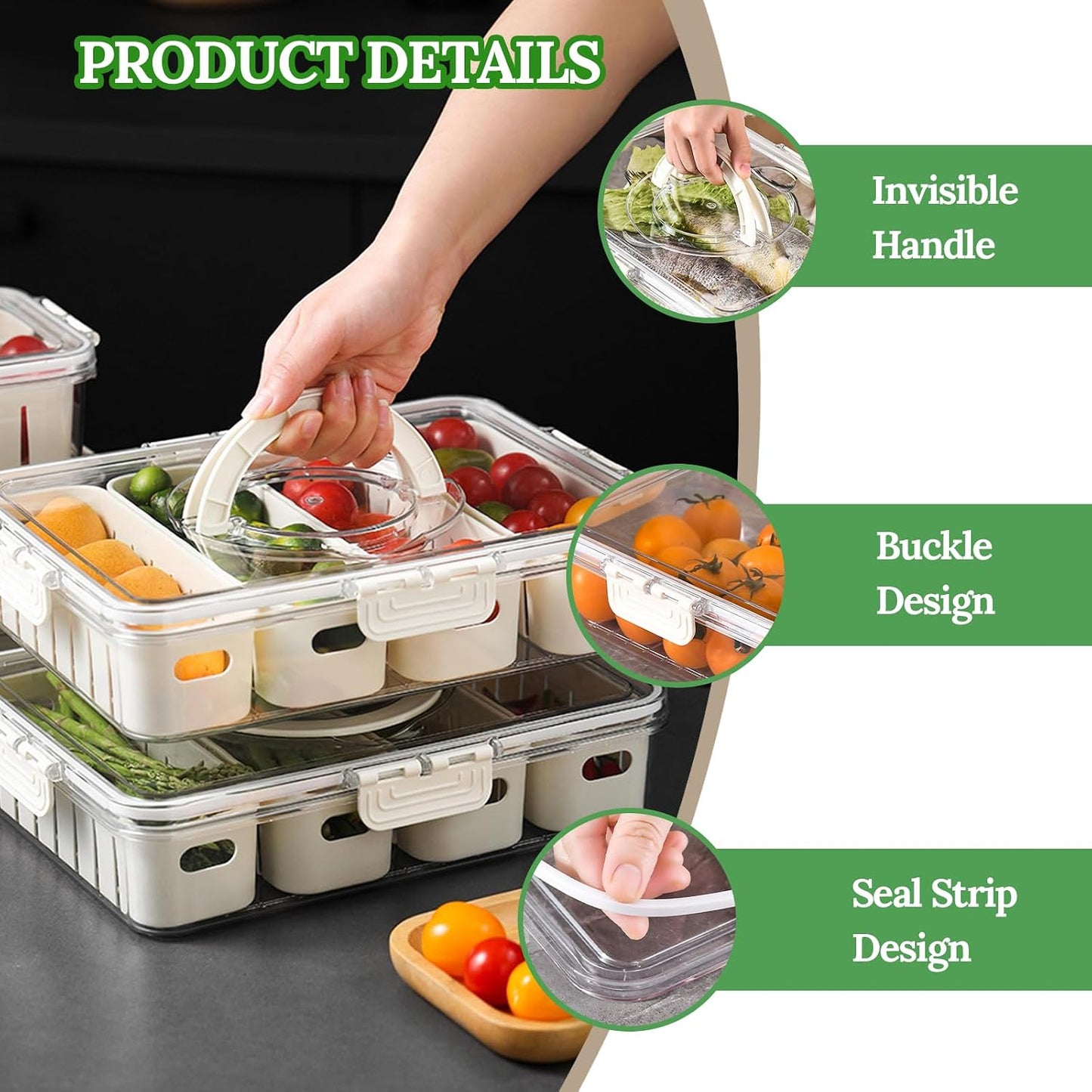 Fruit Storage Containers for Fridge with Lid and Handle, Veggie Tray Bins | Portable Fresh Produce Saver, Food Storage Container with 4 Removable Strainers,Salad Bar for Berry, Vegetable, Refrigerator